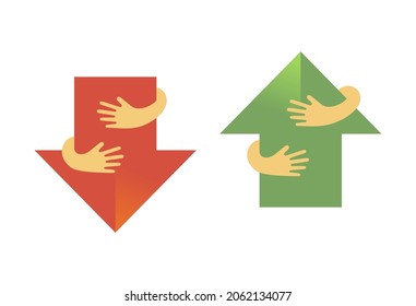 Human hands embracing or holding arrows vector flat illustration isolated on white background. Creative emblem with red down arrow and green up arrow and hugging arms. Logo with a hug.