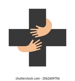 Human hands embracing or holding plus sign vector flat illustration isolated on white background. Creative emblem with a black big cross figure and hugging arms. Logo with a hug.