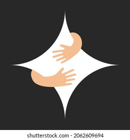 Human hands embracing or holding square with concave sides vector flat illustration isolated on black background. Creative emblem with white big rhomb and hugging arms. Logo with a hug.