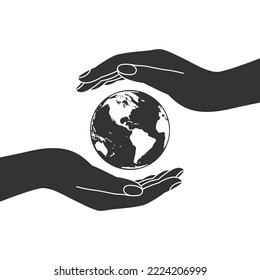 Human hands embracing of planet Earth. Protecting our planet concept graphic symbol. Environmental care sign. Vector illustration
