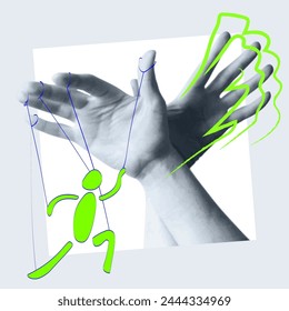 Human hands. Emotional position of hands and fingers, gestures.  Wings of manipulation, game, leadership concept. Vector illustration isolated on background. Creative collage.