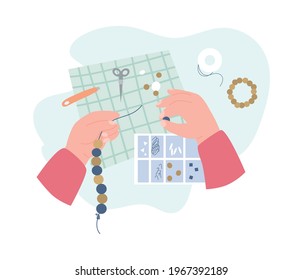 Human hands engage beadwork from color beads various shapes. Handmade hobby in craft workshop or class at leisure for children or women. Flat vector isolated illustration