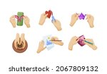 Human hands enjoying craft hobbies set. Creativity class workshop drawing picture, pottery ceramics clay, origami, decorative paint. Craftsman arms with scissors, brush and felt tip vector cartoon