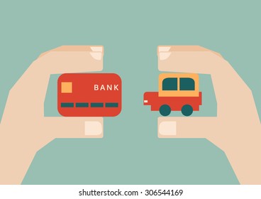 human hands exchanging credit card and car, vector illustration