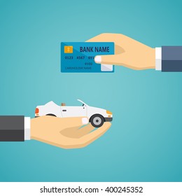 Human hands exchanging credit card and car, vector illustration