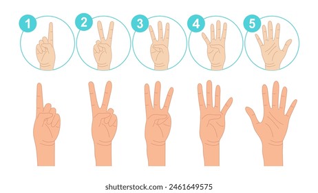  Manos humanas expresando números 1, 2, 3, 4 y 5. Los dedos expresan la cuenta de uno a cinco. Mano contadora: Uno, dos, tres, cuatro, cinco. Conjunto de gestos de conteo de la mano. Vector.