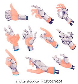Human hands with fingers robotic prosthesis showing OK, thumbs up hand gestures, reaching or pointing on something. Cyborg palm, robotized limb or robot body parts cartoon vector set