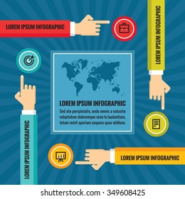 Human hands with fingers, world map and icons - vector Illustration in flat style for presentation, booklet, website and other creative project. Design elements. Banner layout. 