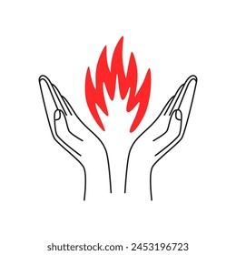 human hands with fire like god blessing. human charity or donation concept for graphic design or outline web element. burn kilocalories or finding right way like silhouette of arm with bonfire