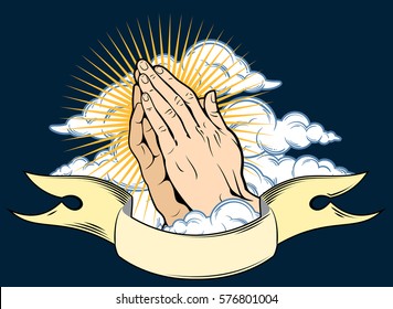 Human hands folded in prayer, on a background of clouds and banner