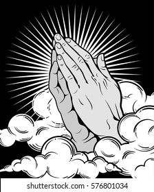 Human hands folded in prayer, on a background of clouds 