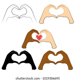 Human hands are folded in the shape of a heart and a red heart. People of different nationalities. The symbol of friendship and love and Valentine's Day. Vector illustration.