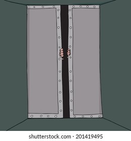 Human hands forcing open steel reinforced doors