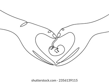 Human hands in the form of a heart. Inside is a small human embryo. International Safe Abortion Day. One line drawing for different uses. Vector illustration.