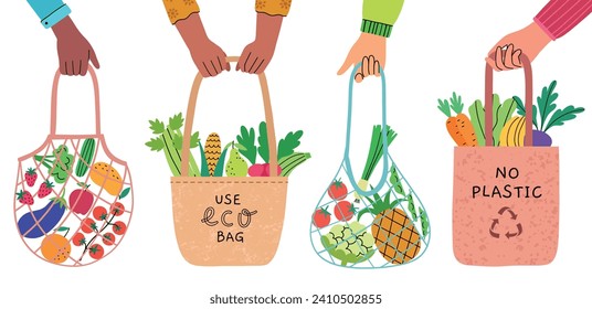 Manos humanas con bolsas completas. Compradores ecológicos de algodón en armas, objetos sin desperdicios, frutas y verduras, mercado biológico, artículos reutilizables, conjuntos vectoriales.eps
