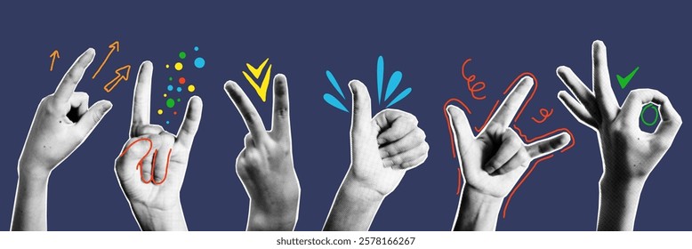 Human hands funky gesture retro halftone collage for communication in social media or messenger collection. Lovely pointing up, thumbsup, victory, groovy crazy rave, ok sign vector illustration