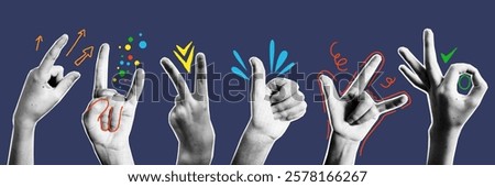Human hands funky gesture retro halftone collage for communication in social media or messenger collection. Lovely pointing up, thumbsup, victory, groovy crazy rave, ok sign vector illustration