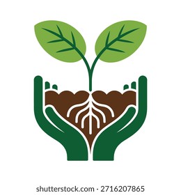 Menschliche Hände halten sanft einen wachsenden grünen Sämling mit sichtbaren Wurzeln in reichem braunem Boden, der Wachstum und Pflege für Natur und Umwelt darstellt