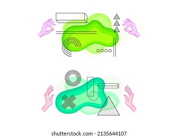 Human hands with geometric shapes and abstract colorful spots set vector illustration