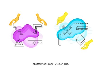 Human hands with geometric shapes and colorful bright blobs set vector illustration