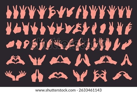 Human hands gesture. Hand palm with various gestures, human hands showing, pointing and presenting flat vector illustration set. Cartoon hand palms