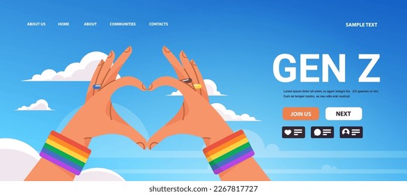 human hands gesture in heart shape lgbt rainbow flag gay lesbian love parade pride festival transgender love generation Z concept