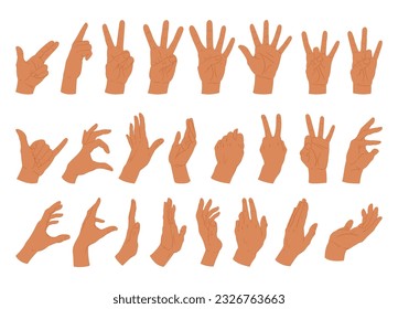 Human hands gestures. Cartoon hand positions, call, ok, index finger and peace sign flat vector illustration set. Sign language collection