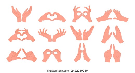 Human hands gestures. Cartoon hands signs and symbols, heart, touching and expressions with pointing fingers flat vector illustration set. Sign language on white background