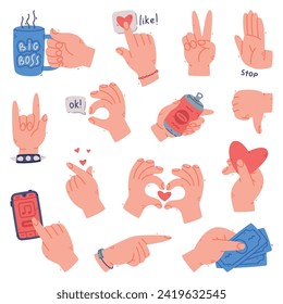 Human Hands Gestures and Different Actions Vector Set