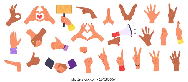Human hands gestures in different interpretations, isolated on white set of vector illustration. Fingers, plams gesturing communication, emotional signs collection. Multinational hands icons.