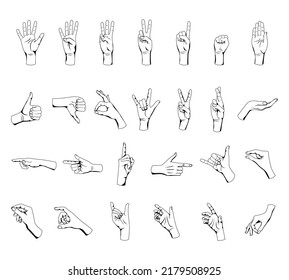 Human hands gestures flat set with isolated outlines of black and white flourishes on blank background vector illustration