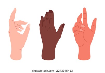 Human hands gestures. Palms with elegant gesture, male or female hands showing, presenting and pointing flat vector illustration set