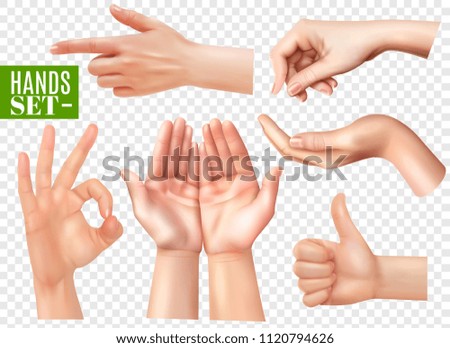 Human hands gestures realistic images set with pointing finger ok sign thumb up transparent background vector illustration 