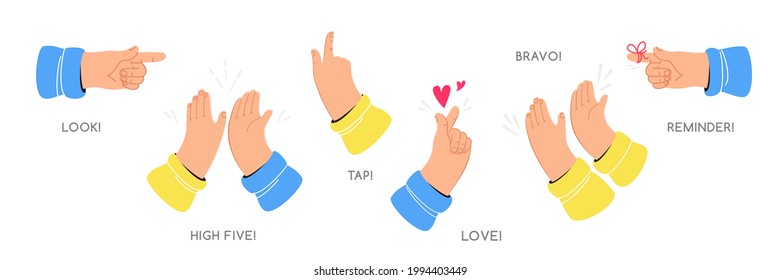 Human hands are gesturing, giving a high-five, pointing, tapping, clapping and reminding. Set of flat vector illustrations of high five, reminder, touch, applause and heart gesture isolated on white