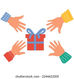 Human hands gifts.Give packed gift.Hand drawn hands up. Isolated on white background.Vector flat illustration.