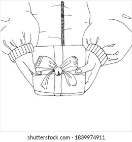 Las manos humanas dan una caja de regalo. Dé regalos felices. Felicitaciones por la fiesta. Estilo de doodle dibujado a mano, arte de línea. Ilustración plana vectorial.