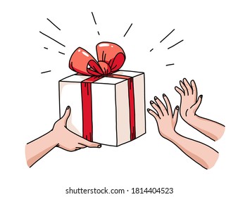 Human hands giving gift box to another pair. Happy presents giving. Holiday congratulation. Hand drawn doodle style, line art. Vector flat illustration.