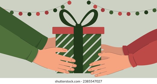 Manos humanas dando regalo, para Navidad, San Valentín, tema de aniversario y fondo. Ilustración del vector