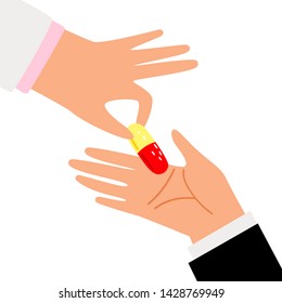 Human hands giving and receiving pill medicine drug, vector illustration