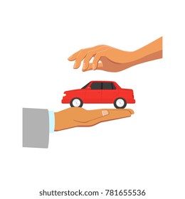 Human hands giving and taking a car, sell, purchase or present concept, cartoon vector illustration isolated on white background. Car purchase, sale, lease concepts with human hands giving and taking