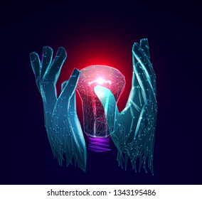 Human hands and Glass bulb. Light bulb and hand in form lines and triangles, point connecting network on blue background. Concept for idea and energy with geometry triangle. 