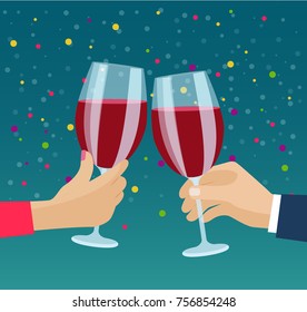 Human hands with glasses with red wine. Vector flat illustration