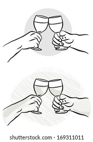 human hands with glasses of wine making toast black and white and monochrome party holiday illustration isolated on white background 