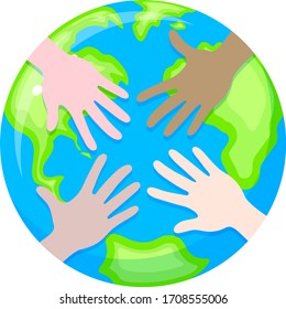 manos humanas en el mundo. Concepto de cooperación y participación. Icono del Día Mundial del Medio Ambiente diseño de afiches, tarjetas y pancartas. Ilustración aislada en fondo blanco.