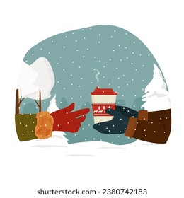 Las manos humanas con guantes sostienen una bebida caliente en una taza de Navidad decorada en una calle de invierno. Ilustración vectorial.