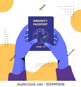 mano humana en guantes con inmunidad global pasaporte sin riesgo covid-19 re-infección pcr certificado coronavirus inmunidad concepto vector ilustración