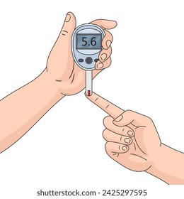 Human hands with glucose meter blood test glucometer medical device hand drawn schematic vector illustration. Medical science educational illustration