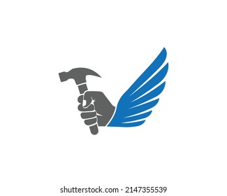 Human hands and hammers with Bird feathers logo Design. Modern and simple design vector template.