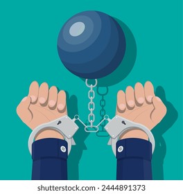 Human hands in handcuffs and weight ball. Anti criminal, anti corruption concept. Tax evasion, criminal and bribe. Vector illustration in flat style