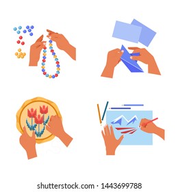 Human hands handicraft art and craft hobby or pastime vector handmade bijoutery and embroidery origami and drawing beads and paper threads and color pencils needle and sheet textile and drawn mountain